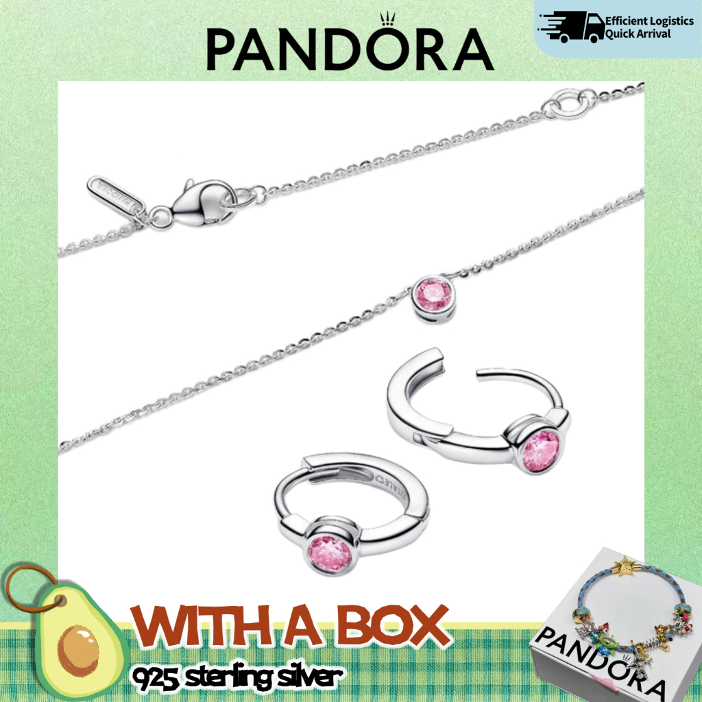 Era Bezel เงินสเตอร์ลิงเพชรสีชมพู Huggie ต่างหู Pandora Era Bezel สร้อยคอสีชมพูหรูหราเงินสเตอร์ลิงผู