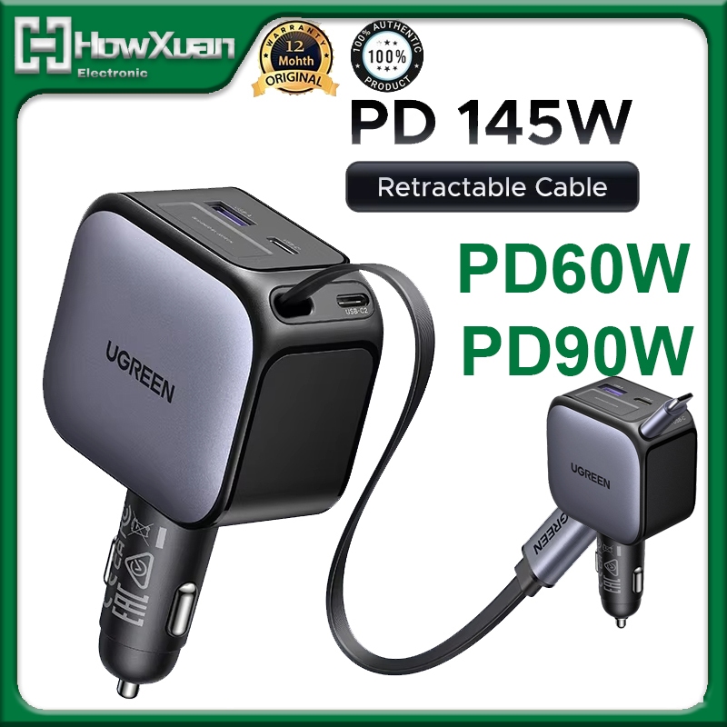 UGREEN 145W 90W 60W Car Charger PD QC4.0 Fast Charger พร้อมสายแบบพับเก็บได้
