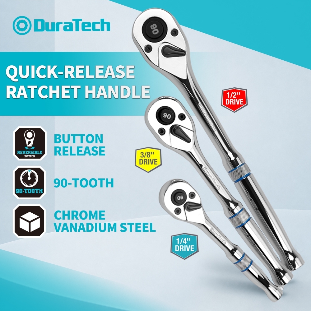 DURATECH วงล้อไดรฟ์ 3 ชิ้น, 1/4", 3/8", 1/2" 90 ฟันประแจวงล้อแบบปลดเร็ว, กลับด้าน, ผลิตโลหะผสมโครเมียม, ขัดเต็ม