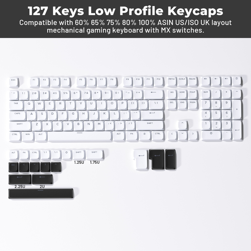 XVX Skyline Series Low Profile Keycaps Double-shot Minimalist สีดํา/สีขาวเข้ากันได้กับแป้นพิมพ์เครื่