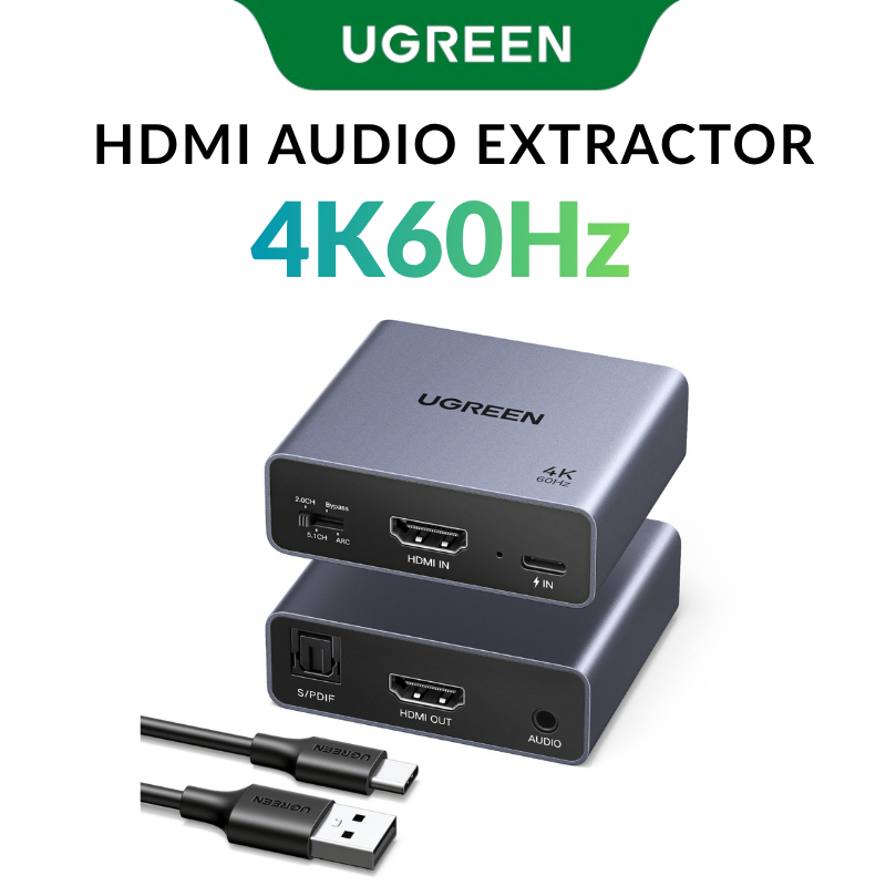 UGREEN 4K60Hz HDMI Audio Extractor พร้อมออปติคอลและเสียง 3.5 มม., สวิตช์คู่, ไฟภายนอก, เปลือกอลูมิเน