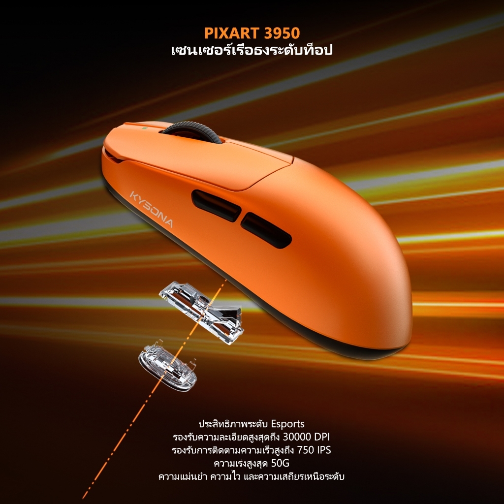 KYSONA Mercury Ultra เมาส์เกมมิ่งน้ำหนักเบาพิเศษ  41g ไร้สาย Dual-8K เซนเซอร์ PAW3950 สูงสุด 30000 DPI  เคลือบผิวสัมผัสเย็น ดีไซน์ตามหลักสรีระ  รองรับการเชื่อมต่อแบบ Tri-Mode: Wired+2.4G+BT รูปที่ 3
