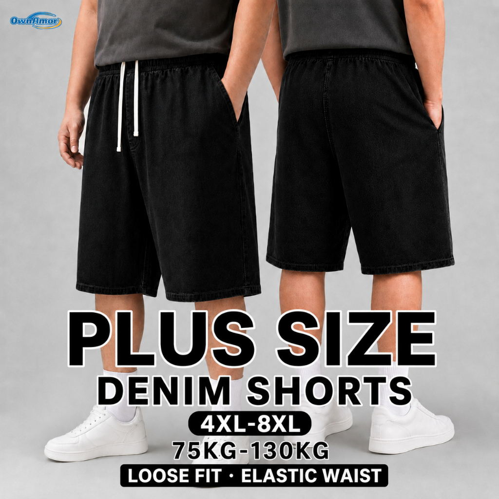 【4XL-8XL】 กางเกงขาสั้นยีนส์ผู้ชายไซส์ใหญ่ ทรงตรงขากว้าง เอวยางยืด เชือกผูก สีดำ