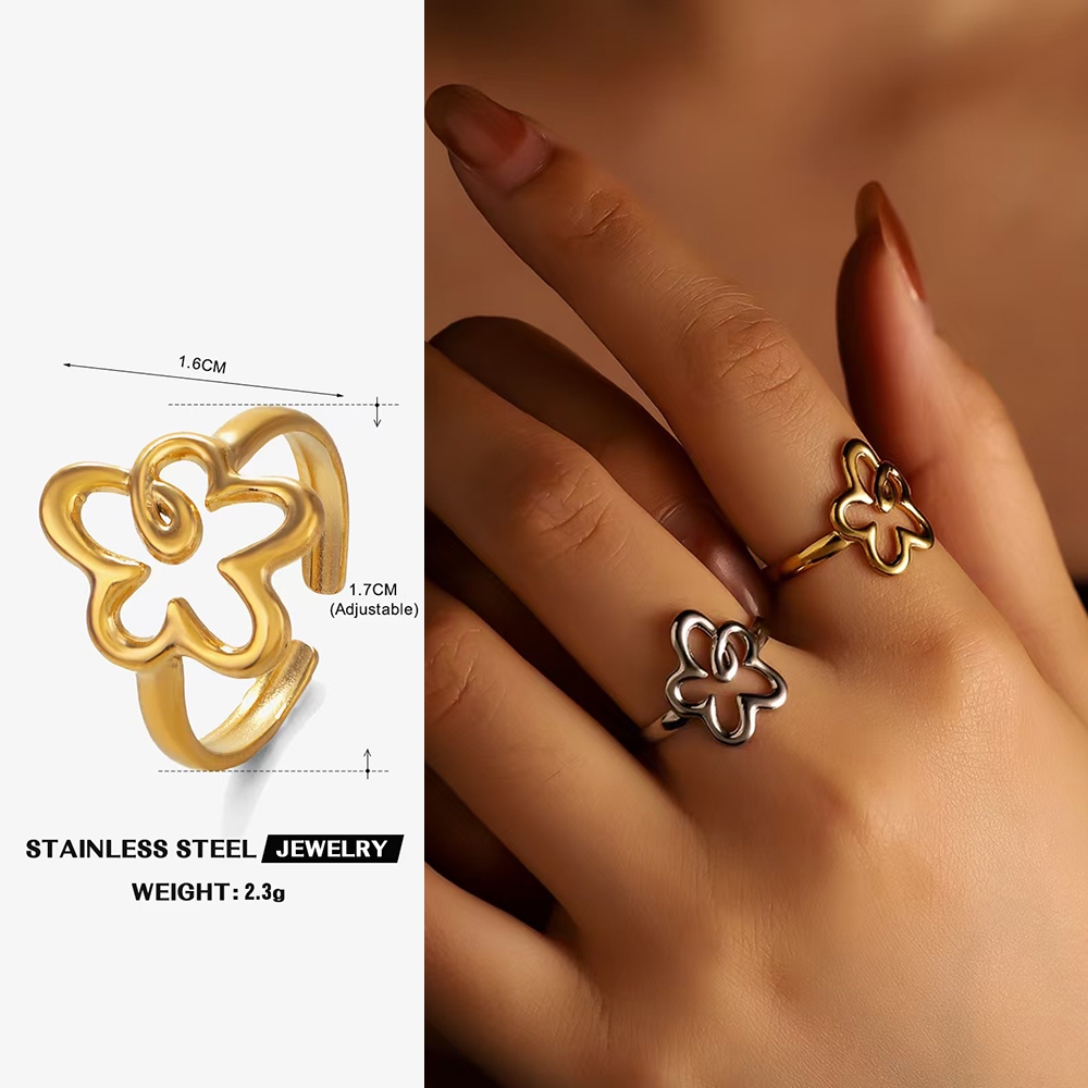 SHINY Hollow Flower แหวนสแตนเลสปรับได้, กันน้ํากันเหงื่อจะไม่จางหาย, ความรู้สึกการออกแบบแบบสบาย ๆ นิช, สไตล์เดียวกันสําหรับผู้ชายผู้หญิง