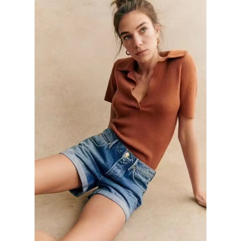 ขายตัวอย่าง French Niche Brown Wool Blended Knit Short Sleeve Top SEZANE