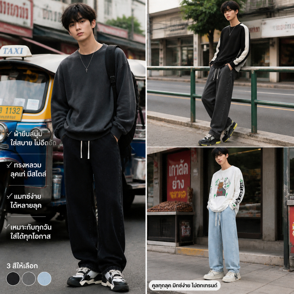 M.T.M กางเกงยีนส์ นิยมยีนส์ ทรงกระบอก baggy jeans men กับทุกแนว 3สี ฟ้าอ่อน ดำ เทา S-XXXL