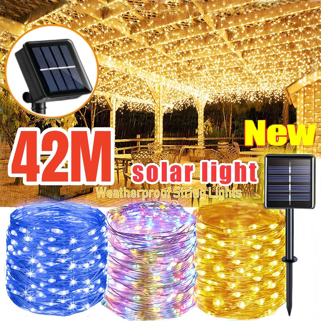 พลังงานแสงอาทิตย์ LED ทองแดงสายไฟ 400/300 LEDs 42M 32M กันน้ําสําหรับสวนคริสต์มาสงานแต่งงาน Garland Decor
