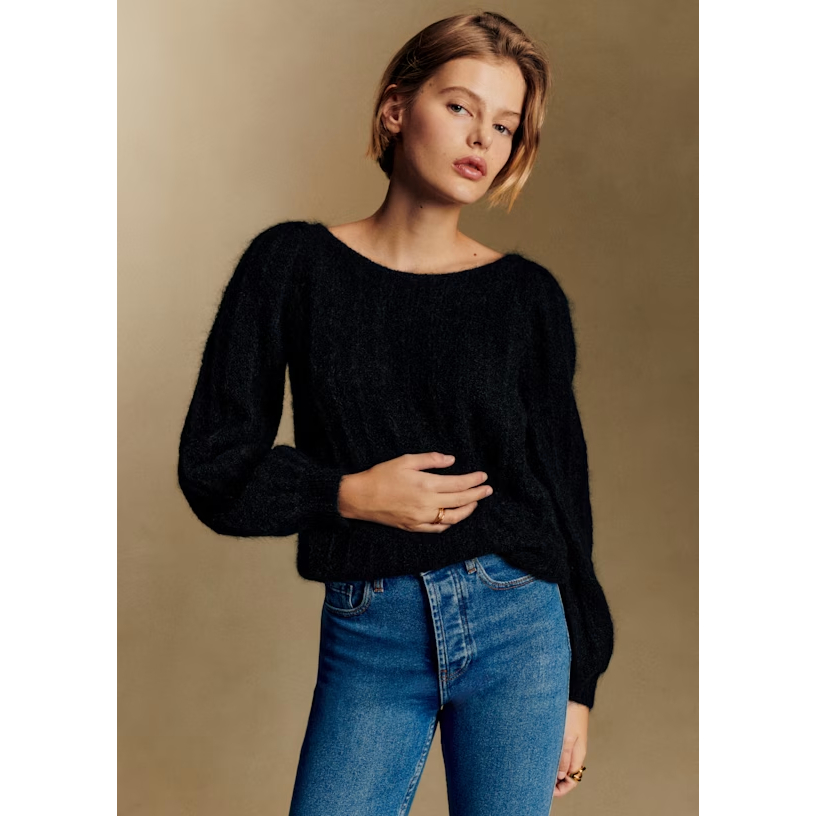 ขายตัวอย่าง French Niche Vertical Stripes Puff Sleeve Mohair Knit Sweater Sweater เสื้อกันหนาว SEZAN