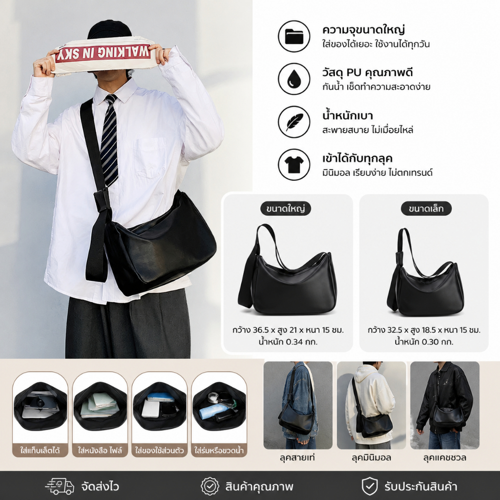 AURVO ผู้ชาย กระเป๋าสะพายข้างผู้ชาย สไตล์สตรีท เหมาะสำหรับผู้ชายและหญิง เรียบง่ายทันสมัย ความจุขนาดใหญ่
