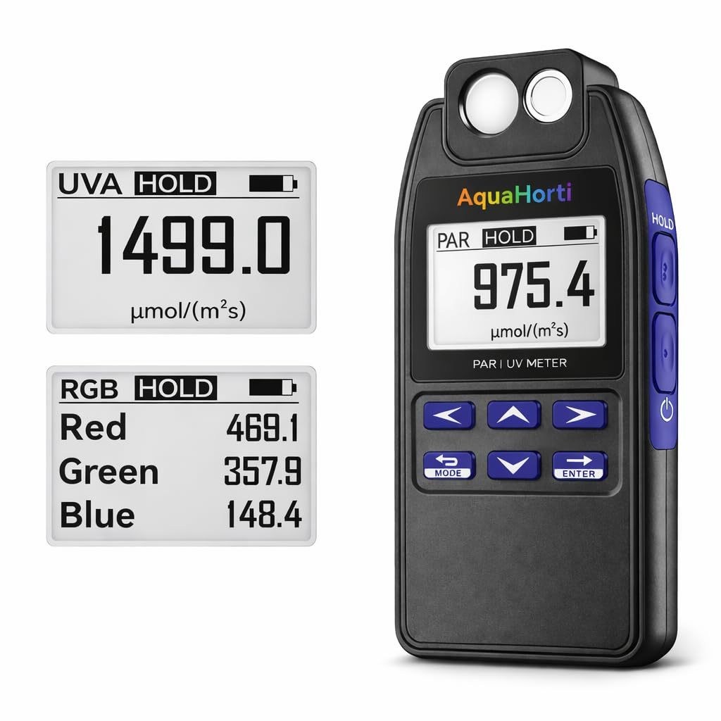 AquaHorti AH-Quantuv PAR Meter สําหรับ Grow Lights, PPFD 400–750 nm + UVA 320–400 nm, แยกสีฟ้าสีเขีย