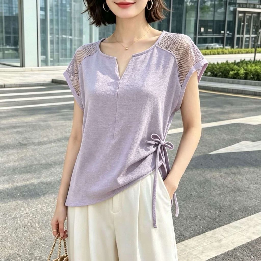 ขายร้อนการออกแบบแฟชั่น Sense คอกลมแขนสั้น Lace-Up T-Blood Top ผู้หญิงฤดูร้อนไม่สม่ําเสมอแคบ-