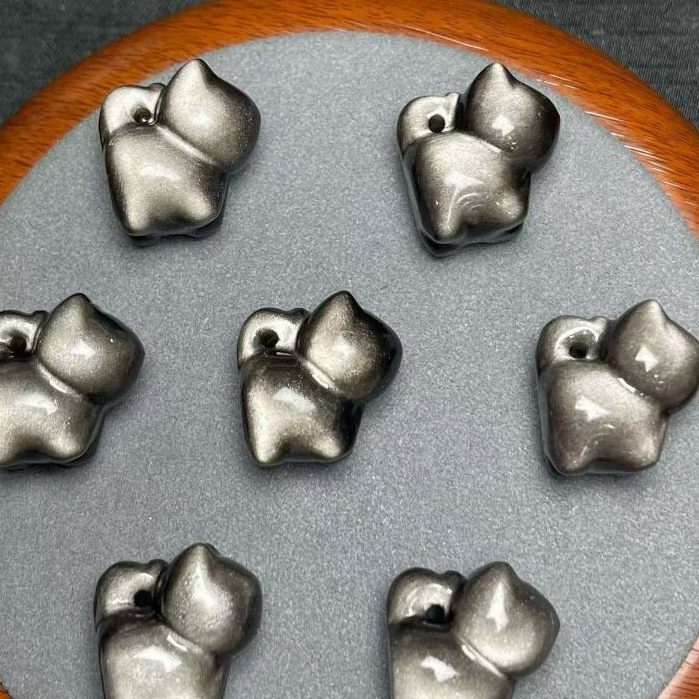เงินธรรมชาติ Obsidian ลูกแมวหางแมวประมาณ 15 มม.จี้แกะสลักชิ้นเครื่องประดับน่ารักเครื่องประดับทําด้วยมือ diy อุปกรณ์เสริม Simple All-Match ของขวัญ