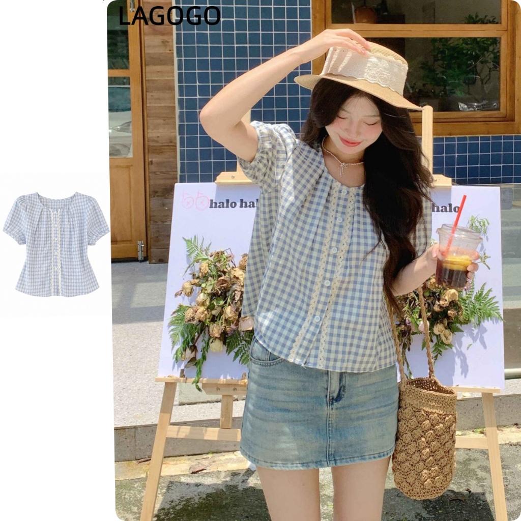 เสื้อลูกไม้แขนสั้นสไตล์ฝรั่งเศส ลายสก๊อตย้อนยุค สำหรับฤดูร้อน