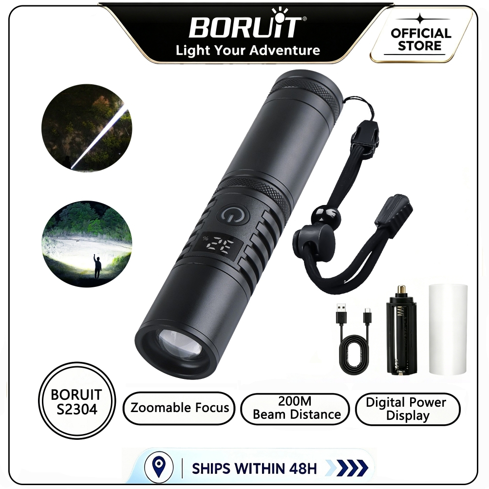 BORUiT S2304 ไฟฉาย LED Zoomable ไฟฉายดิจิตอลจอแสดงผล USB ชาร์จ 200M ระยะลําแสง IPX6 กันน้ําสําหรับตั