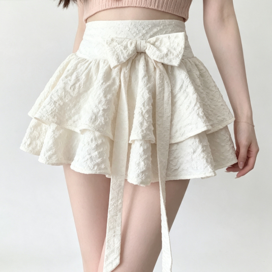 สไตล์หวาน Bowknot จีบกระโปรงเค้กปุยฤดูร้อนเอวสูง Slimmer ดู Niche Design กระโปรงสั้น