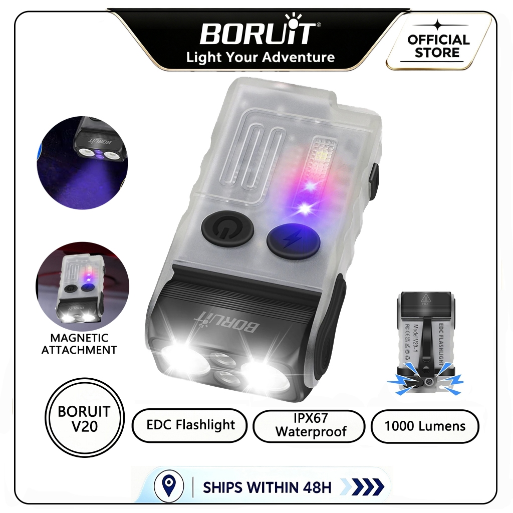 BORUiT V20-1 ไฟฉายขนาดเล็ก 1000LM แสง UV IP67 กันน้ํา C-Type ชาร์จแม่เหล็กไฟฉุกเฉิน 110dB Buzzer พวง
