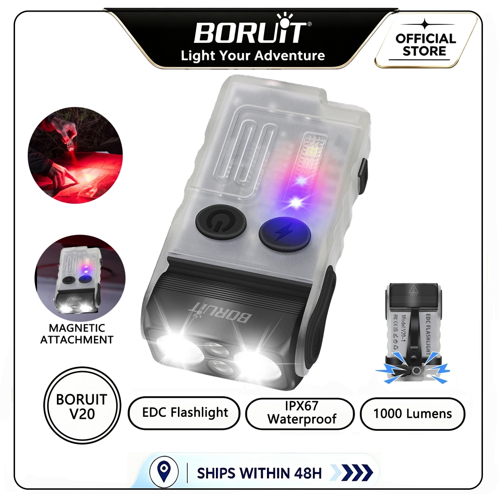 BORUiT V20 พวงกุญแจไฟฉาย 1000LM สีแดงสีฟ้าแสงอบอุ่นไฟฉาย LED หัวหมุนไฟฉายแม่เหล็ก Buzzer ทํางานพร้อม
