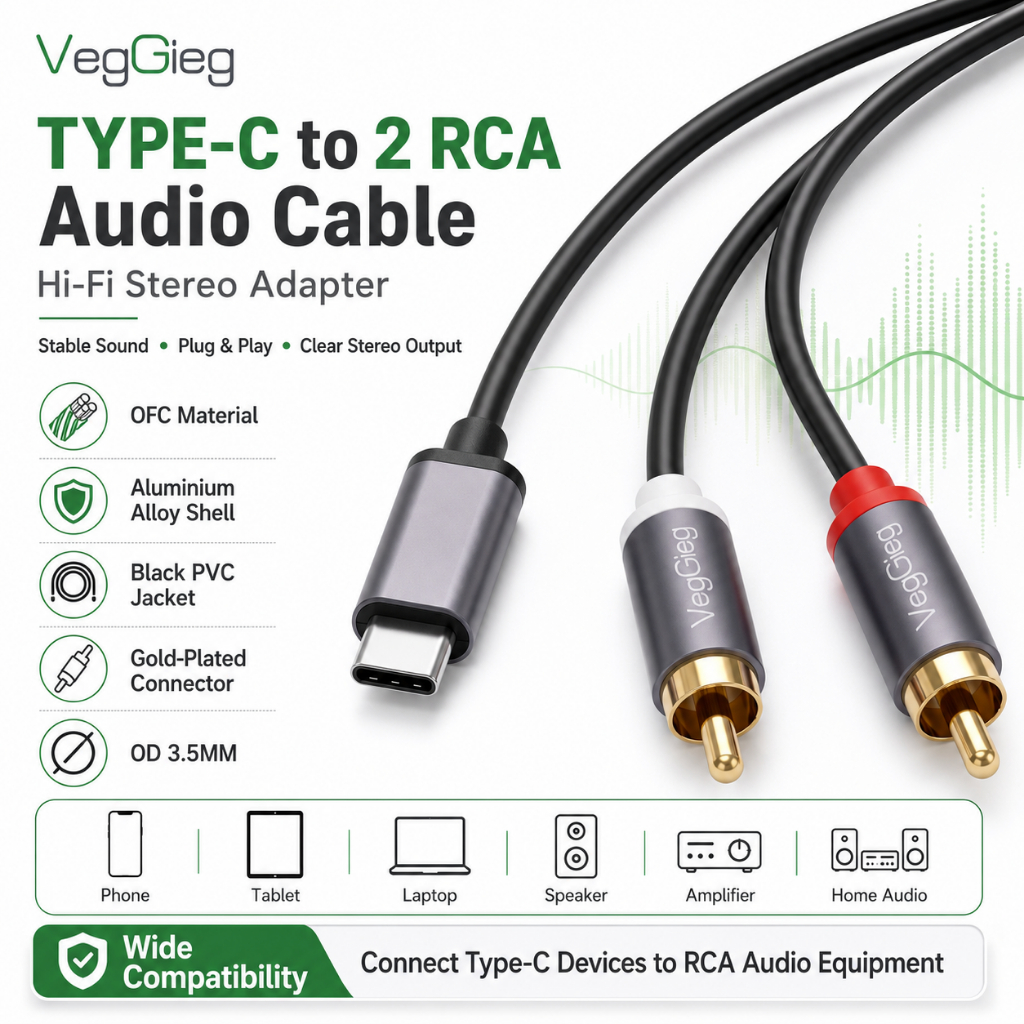 สายสัญญาณเสียง Type-C ถึง Double Lotus RCA Lossless HiFi คุณภาพเสียงโทรศัพท์มือถือคอมพิวเตอร์การเชื่อมต่อเครื่องขยายเสียงลําโพงซับวูฟเฟอร์สีแดงสีขาวซ้ายขวาช่อง AV สายสัญญาณเสียง VegGieg