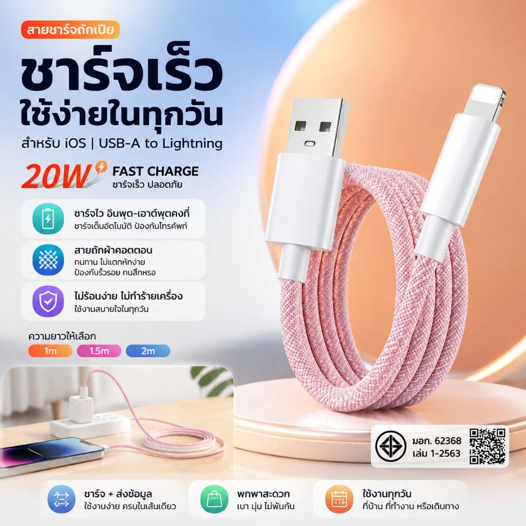สายชาร์จ USB PD 20W/60W สายชาร์จเร็ว 2.4A สายชาร์จถักคอตตอน ทนทาน ชาร์จไว ใช้กับ iOS ยาว 1/1.5/2 เมต