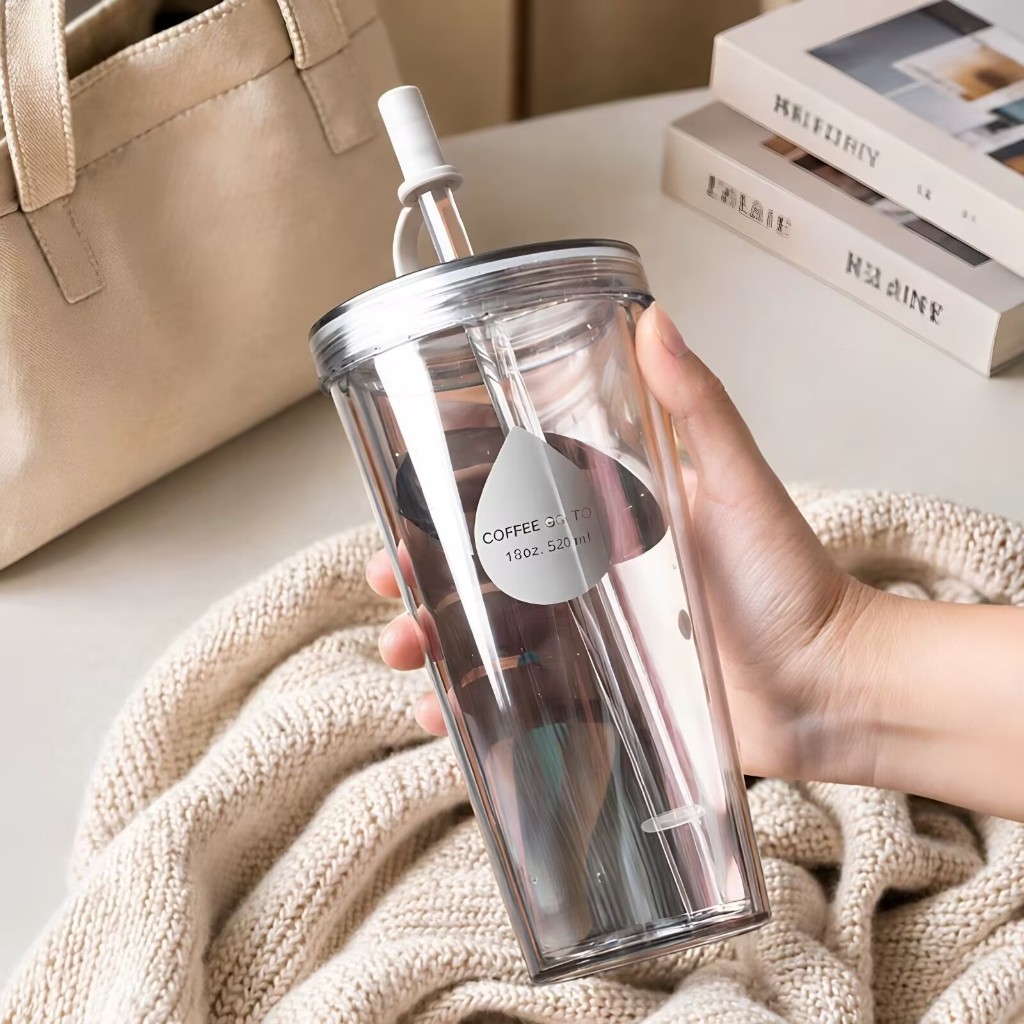 แก้วดูดสไตล์เกาหลี 3 ขนาด! 320/420/520ml พร้อมฝาครอบซิลิโคน+เนื้อใสสวยเว่อร์ ถูกใจวัยรุ่น