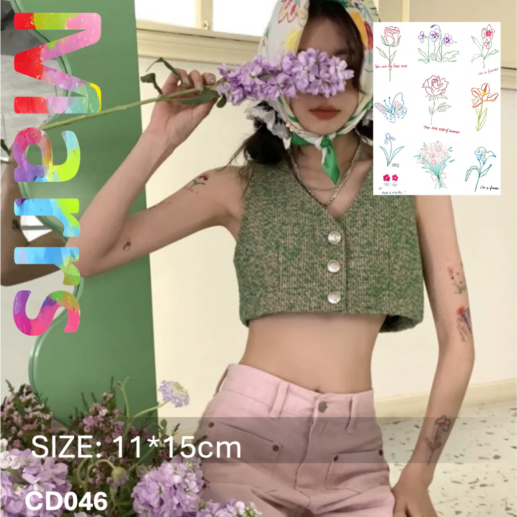 สติ๊กเกอร์รอยสักชั่วคราว , ติดทนนาน, ลายดอกไม้, CD046