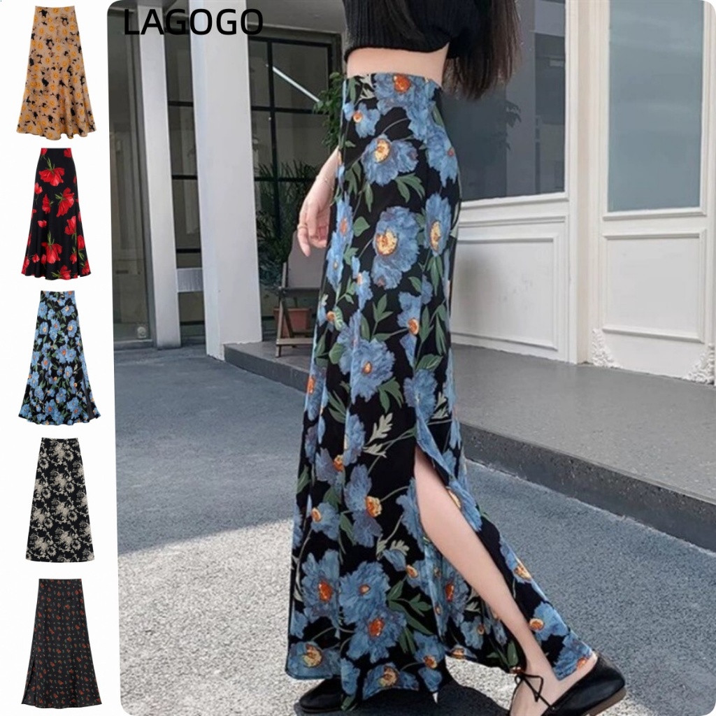 Side Slit กระโปรงชีฟองลายดอกไม้ผู้หญิงสไตล์ใหม่สไตล์ฝรั่งเศสหมื่นชนิดของกระโปรงยาวหางปลาบรรจุสะโพก