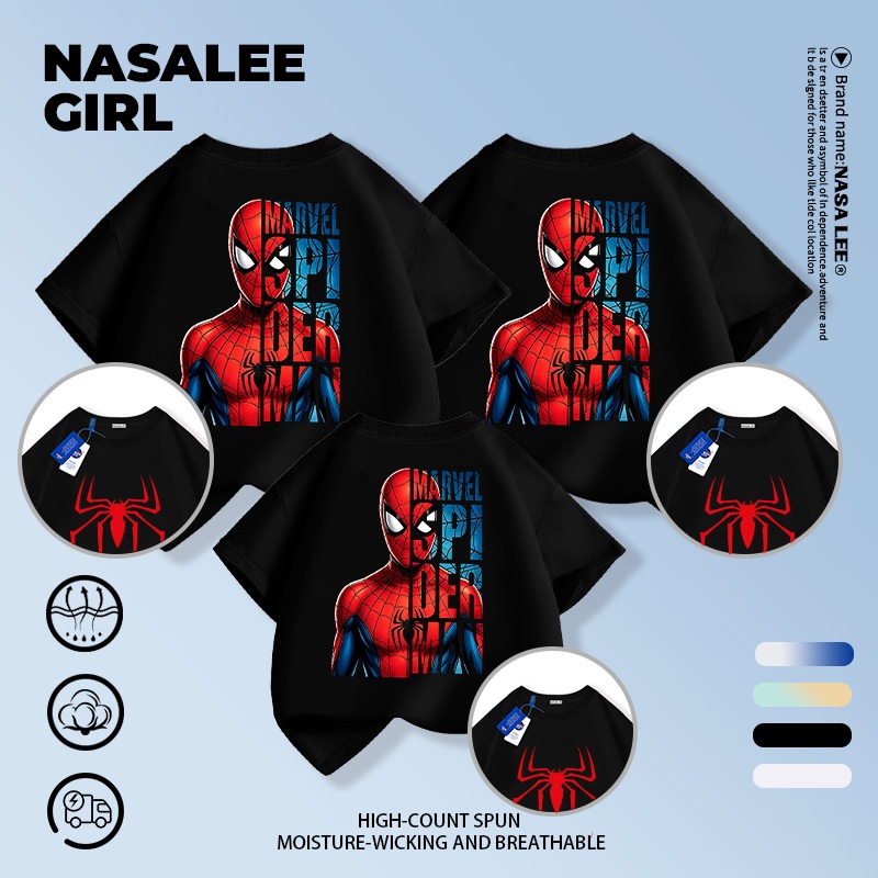 เสื้อครอบครัว NASA สีดำ ลายสไปเดอร์ฮีโร่สุดเท่ แขนสั้น ใส่คู่กันได้ทั้งครอบครัว 3 คน แมทช์ง่าย ใส่ได้ทุกโอกาส