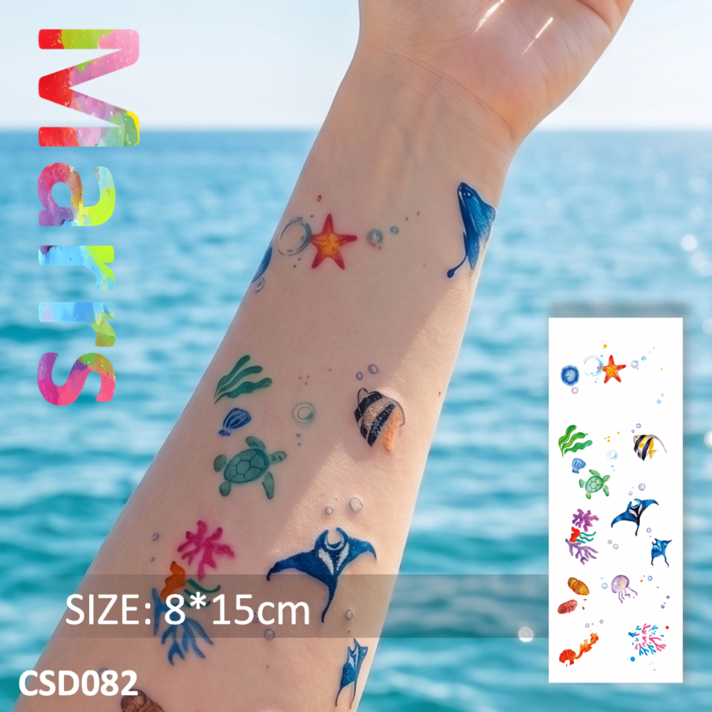"Summer Ocean Party" รอยสักชั่วคราว, รอยสักปลอม Marine Life, แมงกะพรุนเต่าทะเลกันน้ํา, ลุครอยสักแท้, สีสันสดใส, ทาง่ายและลบ CSD082
