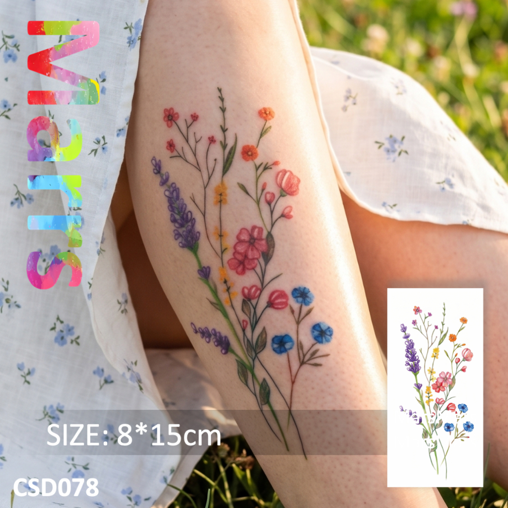 "Colorful Wildflower Bouquet" รอยสักชั่วคราว รอยสักปลอมพฤกษศาสตร์วินเทจ กันน้ํา ลุครอยสักแท้ สีสันสดใส ทาง่ายและลบ CSD078