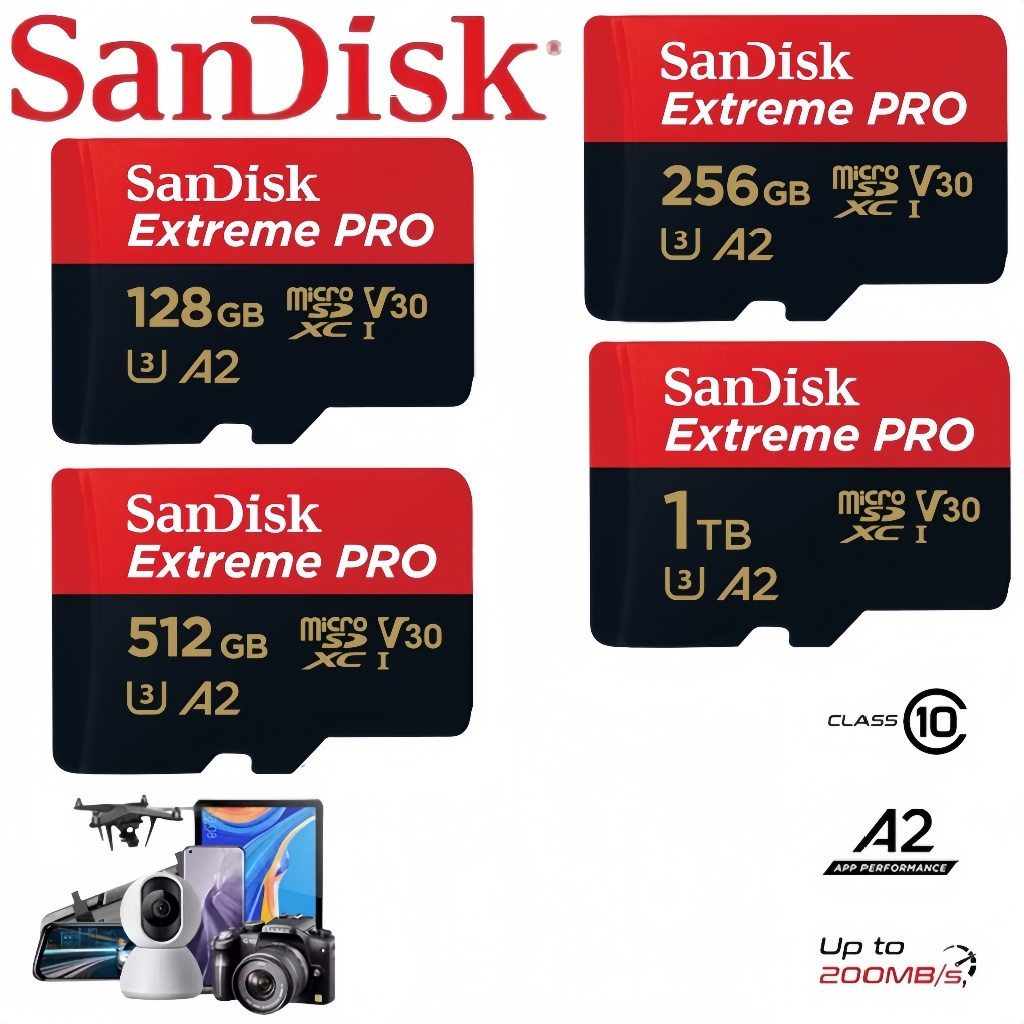 SanDisk Extreme Pro MicroSD การ์ด 1TB, 512GB, 256GB, 128GB | ความเร็วอ่าน 200MB/s | UHS-I U3 V30 | ทนทานสูง สำหรับวิดีโอ 4K/8K, CCTV และเกมมิ่ง