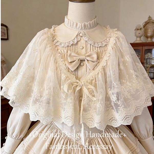 [จัดส่งฟรี] Rose Cat สไตล์ญี่ปุ่น Tail Order Lolita ผ้าคลุมไหล่ลูกไม้คู่ Lo Lady Blouse Dreamy Gener