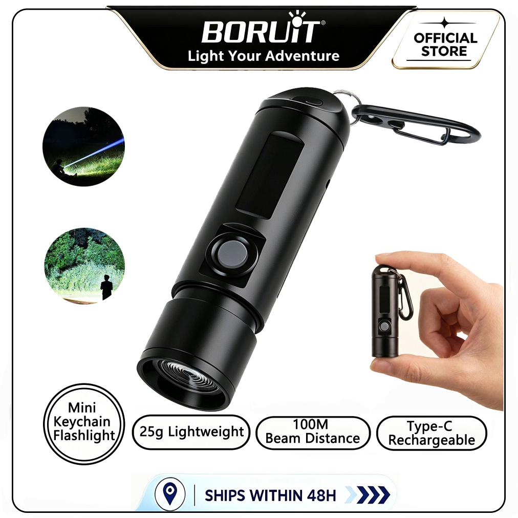 BORUiT ไฟฉายพวงกุญแจขนาดเล็ก Type-C ชาร์จ 100M ระยะลําแสงไฟฉาย LED แบบพกพาสําหรับแคมป์ปิ้งฉุกเฉิน