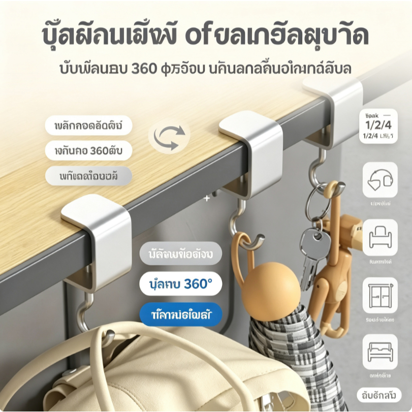 ตะขอแขวนของอเนกประสงค์ หมุนได้ 360 องศา ไม่ต้องเจาะรู สำหรับโต๊ะทำงานและหอพัก (แพ็ค 1/2/4 ชิ้น)