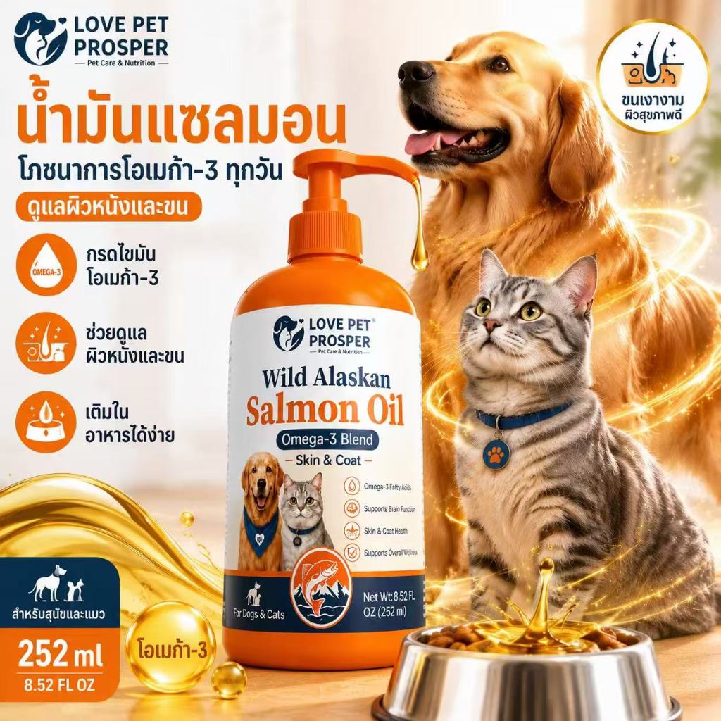 Love Pet Prosper น้ำมันปลาแซลมอนอลาสก้า โอเมก้า-3 สำหรับสุนัขและแมว มี EPA & DHA บำรุงผิวหนังและขน 252ml