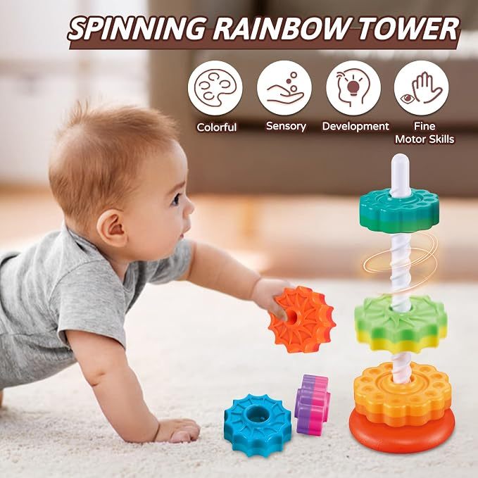 Rainbow Tower Baby Spin Stack Toys Stacking Tower Baby Educational & Interactive Learning Spinning S