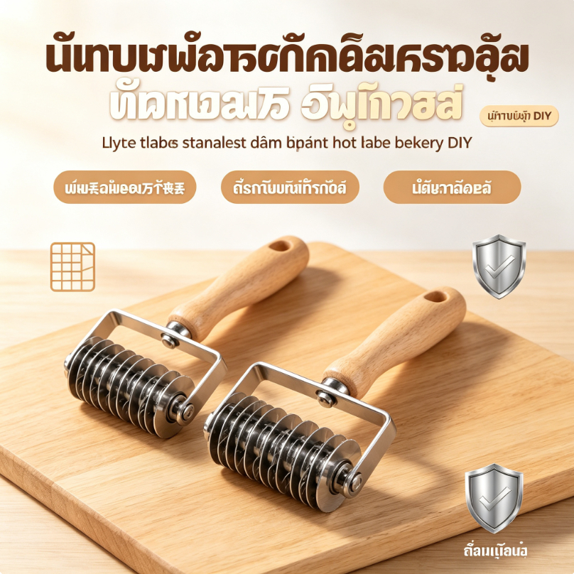 ลูกกลิ้งตัดลายแป้งพาย ขนมปัง พิซซ่า ลายตารางสแตนเลส ด้ามจับถนัดมือ ทำเบเกอรี่ DIY