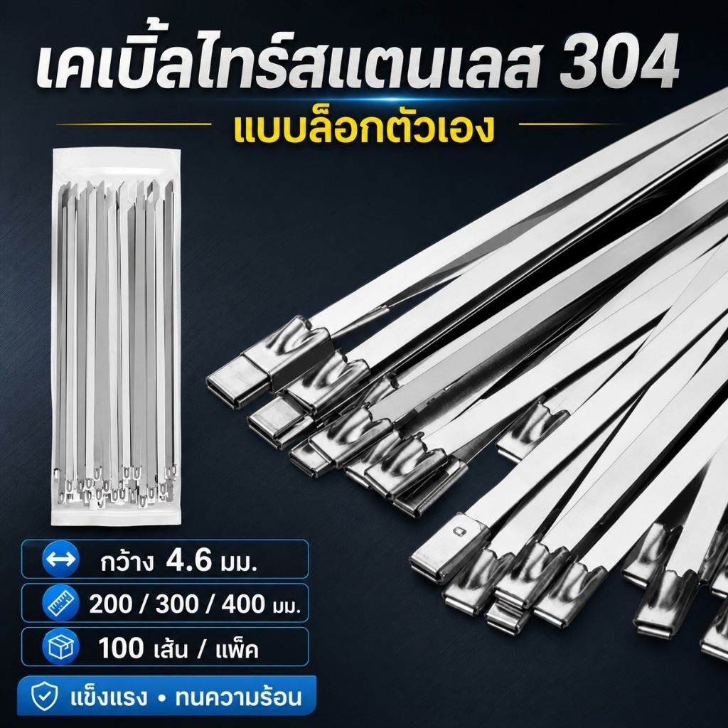 เคเบิ้ลไทร์สแตนเลส 304 แบบล็อกตัวเอง ขนาด 200/300/400 มม. กว้าง 4.6 มม. 100 เส้น/แพ็ค ทนความร้อน สำหรับรัดสายไฟและท่อ ส่งจากกรุงเทพฯ