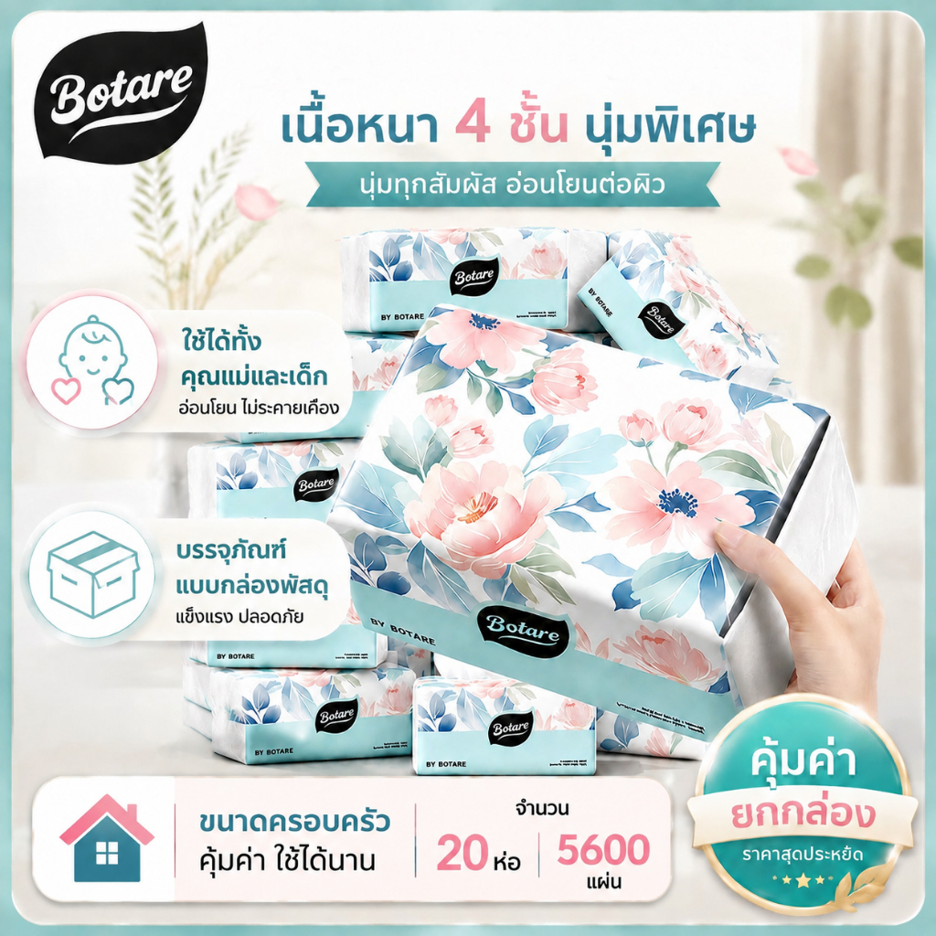 【20 แพ็ค】Botare ทิชชู่ กระดาษเช็ดหน้า 4 ชั้น 5600 แผ่น 20 ห่อต่อกล่อง กระดาษทิชชู่นุ่มละเอียด สำหรับบ้านและสำนักงาน คุ้มค่าพร้อมส่ง