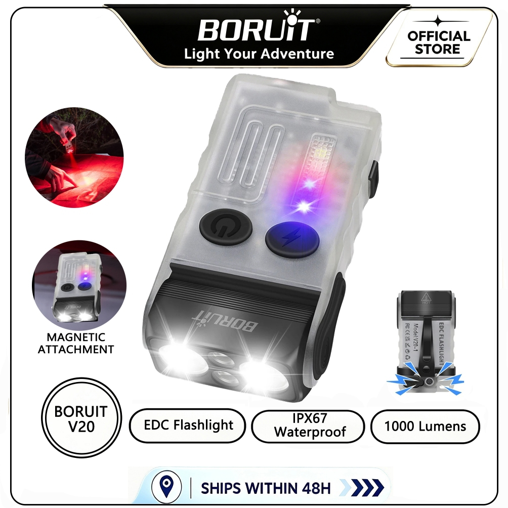 BORUiT V20 พวงกุญแจไฟฉาย 1000LM สีแดงสีฟ้าแสงอบอุ่นไฟฉาย LED หัวหมุนไฟฉายแม่เหล็ก Buzzer ทํางานกันน้