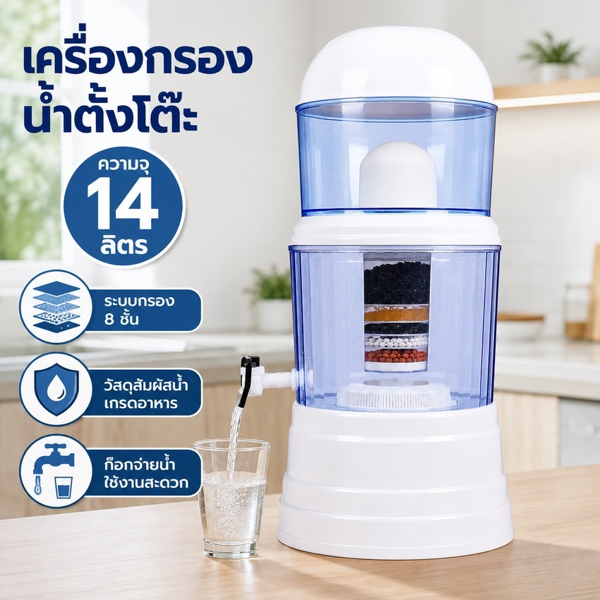 จัดส่งในพื้นที่ เครื่องกรองน้ำ 14 ลิตร ระบบกรอง 8 ชั้น แบบตั้งโต๊ะ พร้อมก๊อกจ่ายน้ำ ถังใส ความจุใหญ่ ใช้งานง่าย