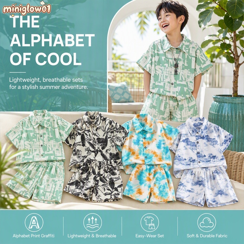 【Bangkok Delivery】【พร้อมส่ง】ชุดเด็กผู้ชาย เสื้อเชิ้ตแขนสั้น ลายดอกไม้ ผ้าบางเบา ใส่สบาย ฤดูร้อน