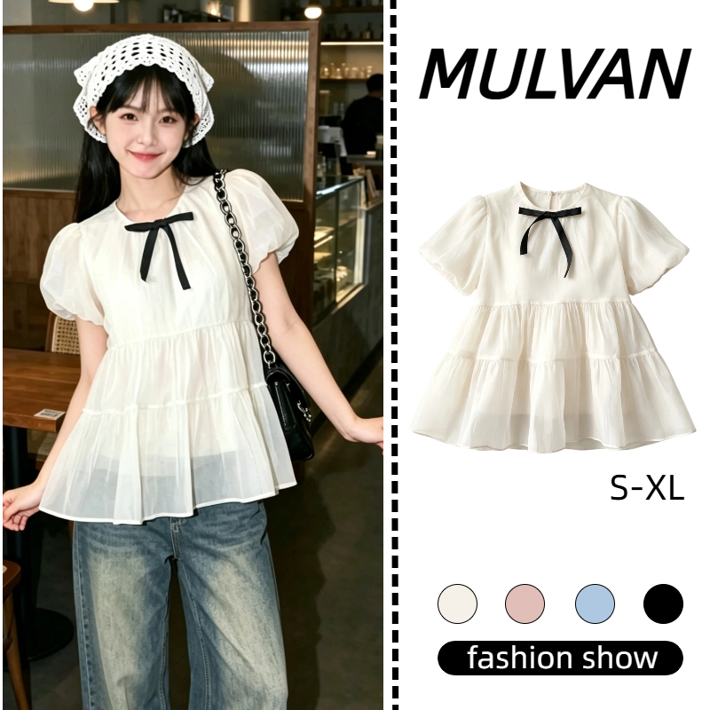 เสื้อสตรี แขนพอง โบว์ สไตล์หวาน เสื้อแขนสั้น ผ้าไหมโฟมวัสดุ(จัดส่งในกรุงเทพฯ)