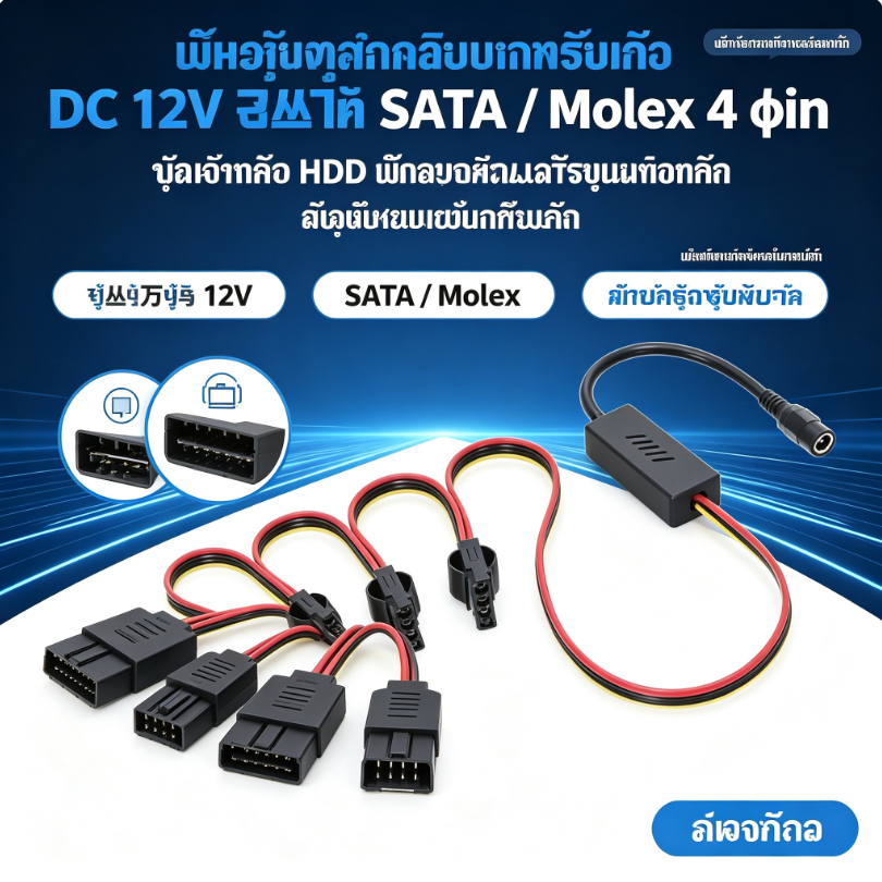 สายแปลงไฟ DC 12V เป็น SATA / Molex 4 พิน สำหรับ HDD และอุปกรณ์เสริม พร้อมตัวลดไฟ