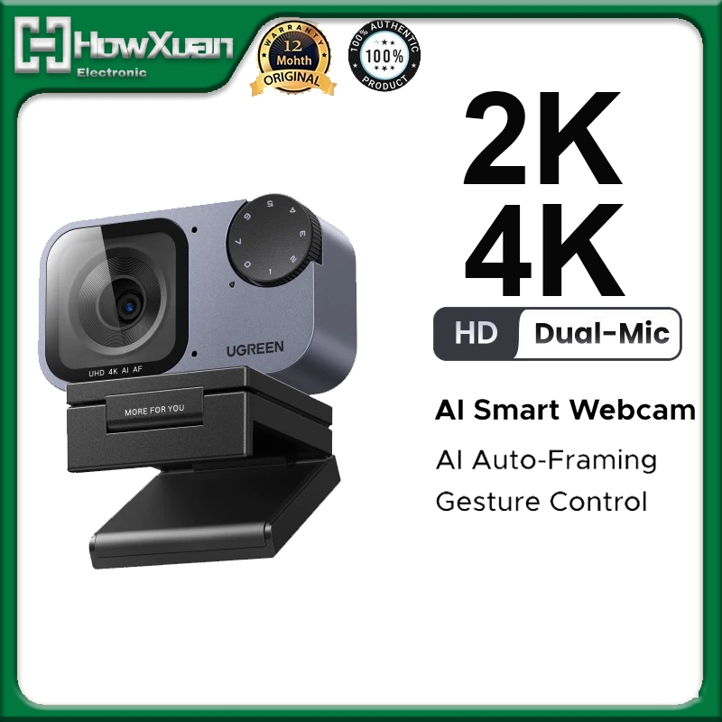 UGREEN 2K/4K@30FPS AI สมาร์ทเว็บแคม Ultra High Definition Dual Mic AI Auto Framing Face-Centering ลด