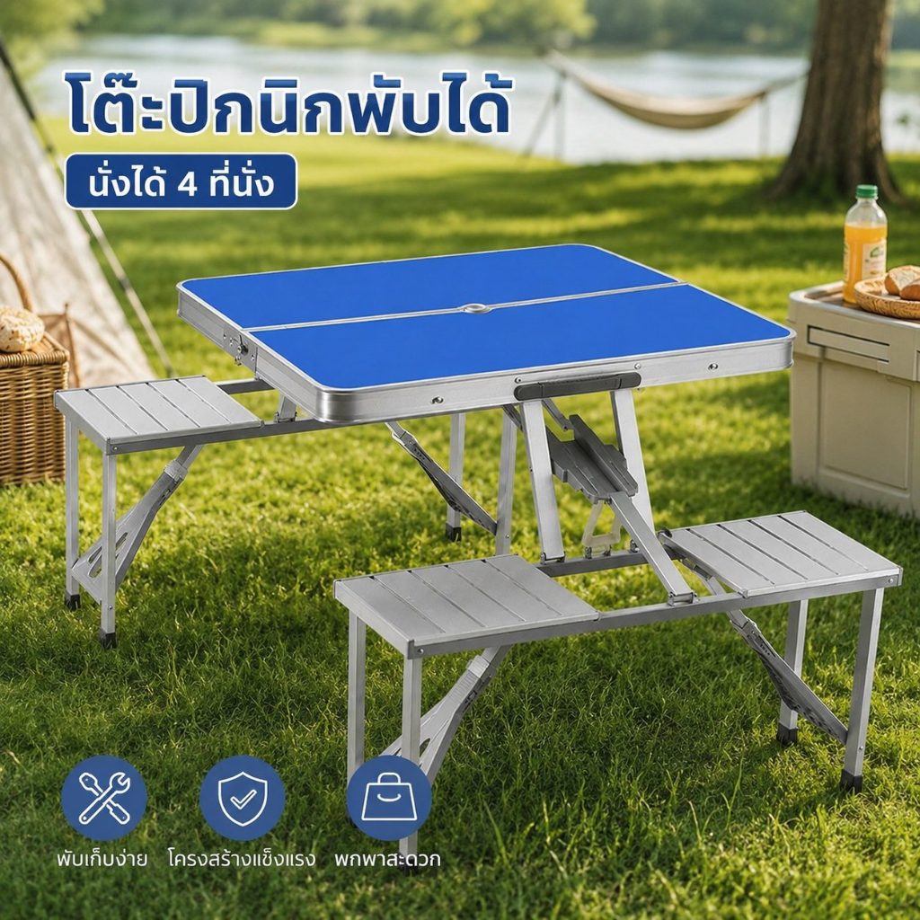 โต๊ะปิกนิกพร้อมเก้าอี้ 4 ที่นั่ง แบบพับได้ โครงสร้างอลูมิเนียม แข็งแรงน้ำหนักเบา โต๊ะสนามอเนกประสงค์ พกพาสะดวก สำหรับแคมป์ปิ้งและกิจกรรมกลางแจ้ง