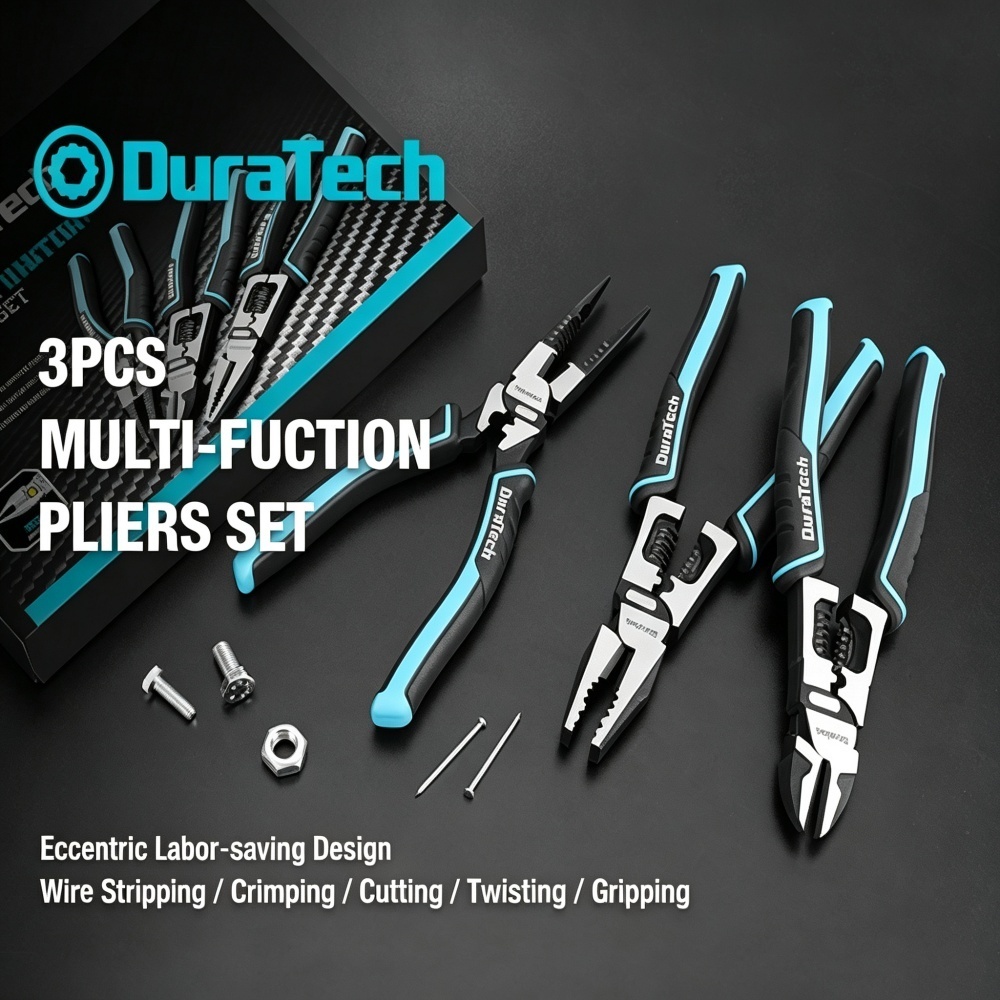 DURATECH ชุดคีมมืออาชีพ 3 ชิ้น, เครื่องตัดลวด 6-in-1, ประกอบด้วย 21.5 ซม. (8.5") ปากยาว, Linesman & 20 ซม. (8") คีมตัดด้านข้างสําหรับงานไฟฟ้า