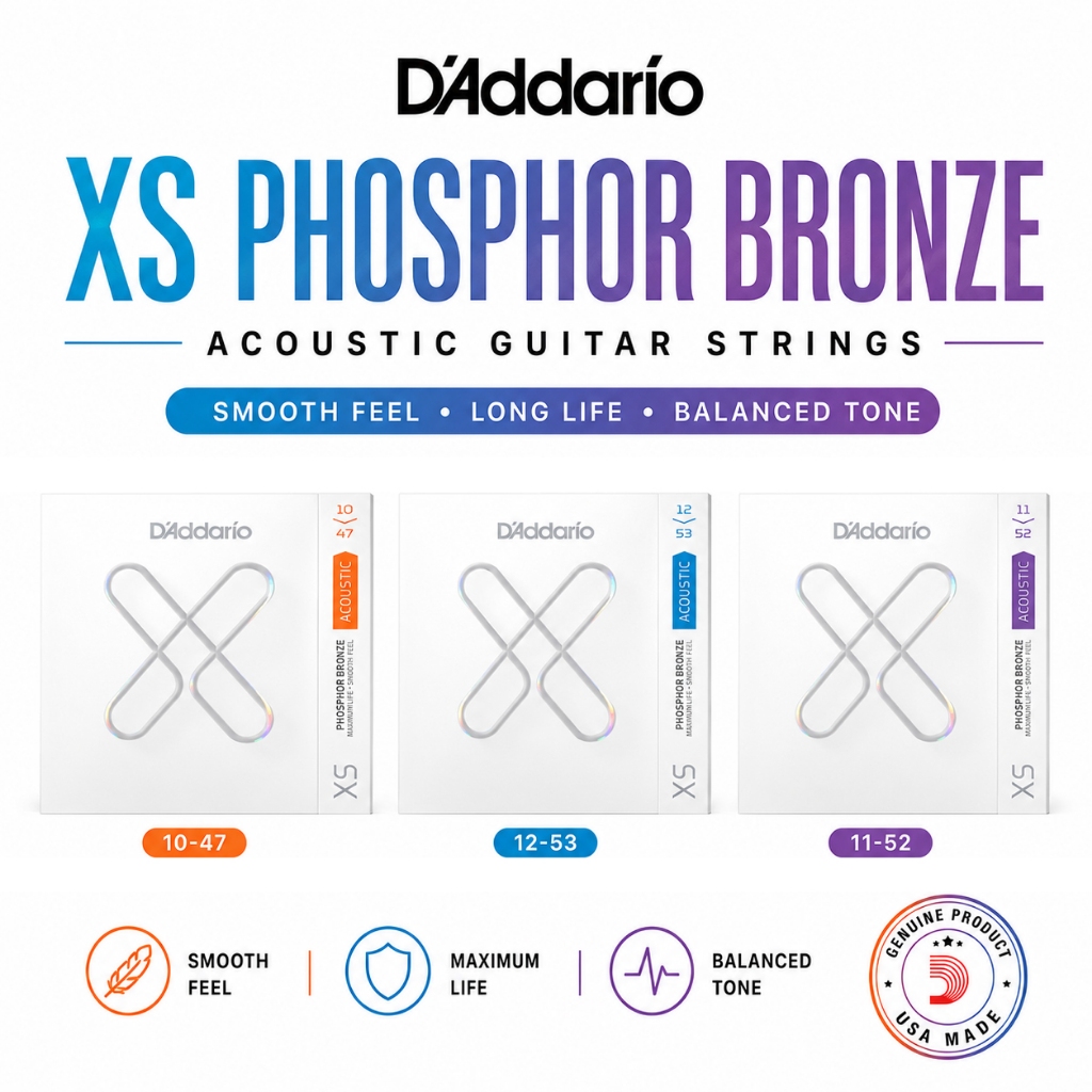 D’Addario XS Phosphor Bronze สายกีตาร์โปร่ง เคลือบ XS 10-47 / 11-52 / 12-53 รุ่น XSAPB1047 / XSAPB1152 / XSAPB1253 เสียงสมดุล เล่นลื่น อายุยาว Made in USA