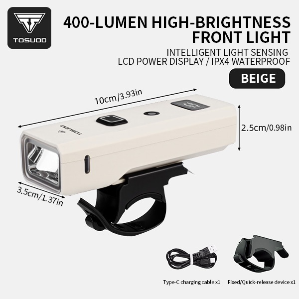 TOSUOD ไฟหน้าจักรยาน LED 400 Lumen แบบชาร์จ USB จอแสดงผลดิจิทัลแบบ LCD แบตเตอรี่ 2000mAh การขี่คันจักรยานในเวลากลางคืน