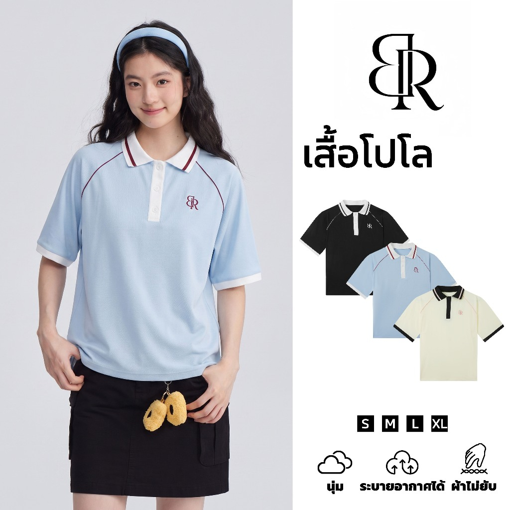 B&R จัดส่งจากไทย เสื้อโปโลแขนสั้น ผู้ชายผู้หญิงคู่รัก งานปักตกแต่ง ดีไซน์ตัดสี ทรงหลวม สไตล์วินเทจวิทยาลัย