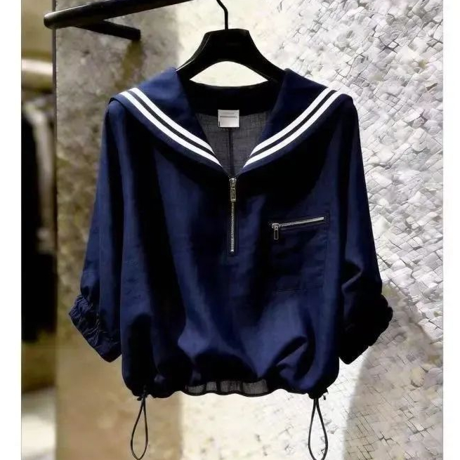 เสื้อยืดผู้หญิงสไตล์เกาหลีฤดูร้อนใหม่ลําลองแขนสั้นขนาดใหญ่เสื้อคอปกกองทัพเรือแฟชั่นบวกขนาดใหญ่ด้านบน